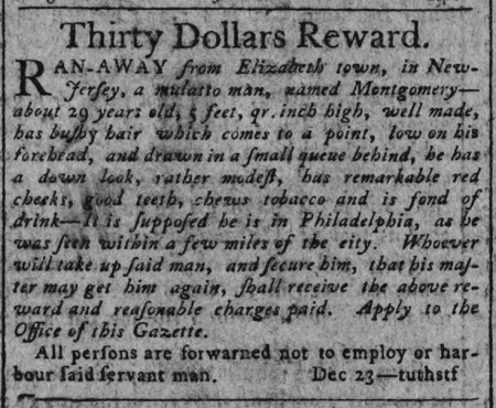1797 New Jersey advertisement for fugitive slave Montgomery, who escaped from Elizabethtown, New Jersey.